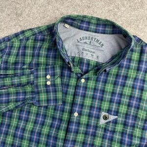 Barbour Laundryman Plaid Button Down Shirt Mens XL Green Blue Long Sleeve Cotton